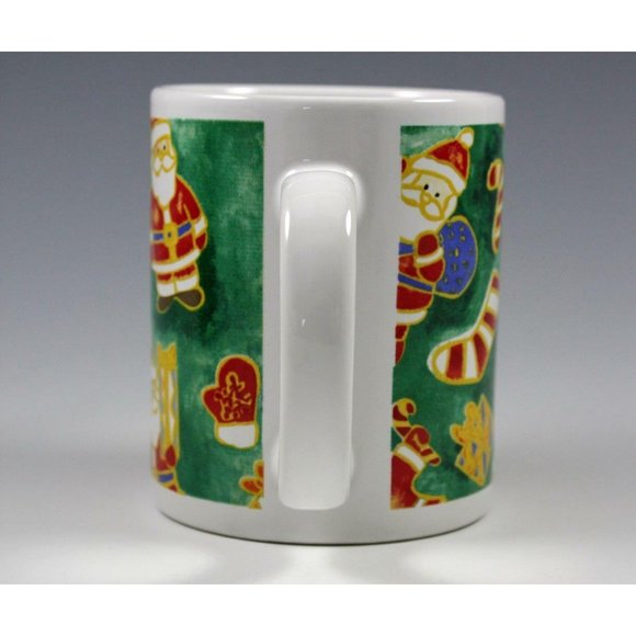 Merry Brite Holiday Coffee Mug Green with Santas & Candy Canes 10 oz Vintage 199 - Picture 4 of 6